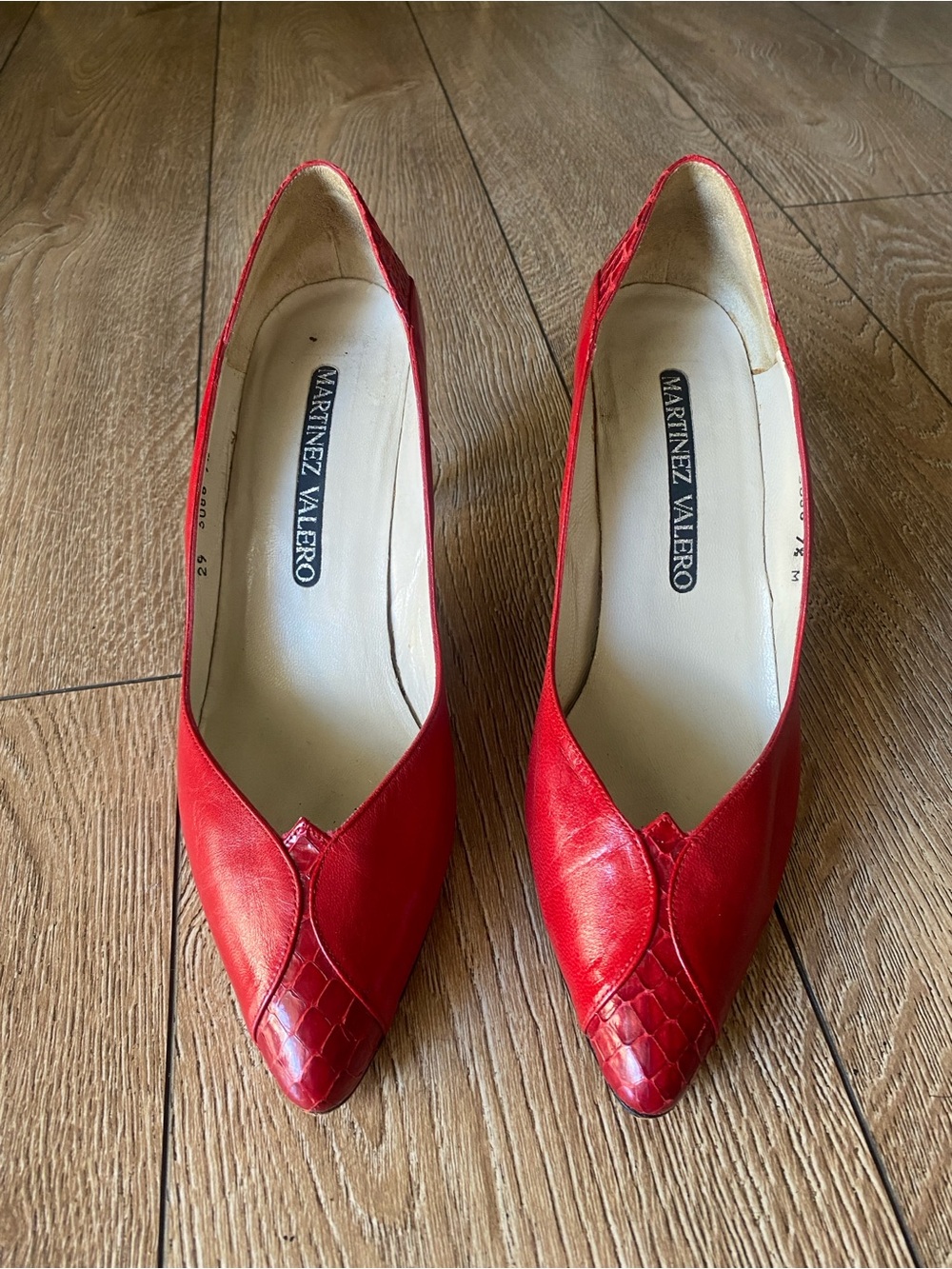 Martinez Valero Red Leather Pointed-Toe Pumps with Textured Toe